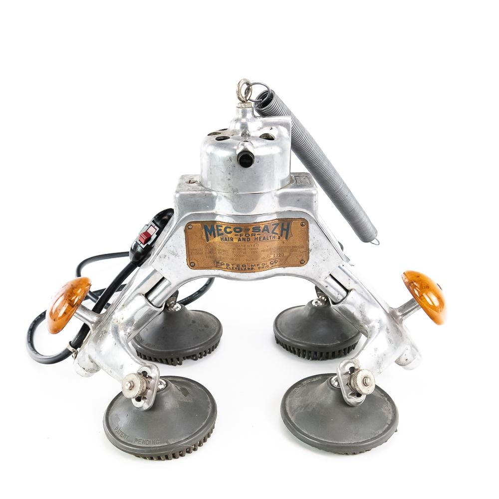 1929 Meco-Sazh Electric Hair Massager: This fantastic piece of vintage quack medicine history is a "Meco-Sazh for Hair and Health" electric scalp and hair massager, manufactured by the Foster Mfg. Co. in Cleveland, Ohio. Patented in 1929,