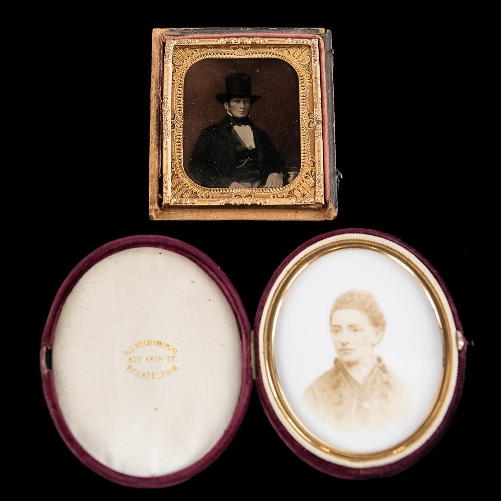 Mini Painted Portrait and 1/6 Plate Ambrotype: Includes a photominiature oval portrait on porcelain of a woman mounted in a burgundy velvet case marked Suddards & Fennemore 820 Arch St. Philadelphia Measuring 4" tall, 3.5" wide, and a 1/6 plate