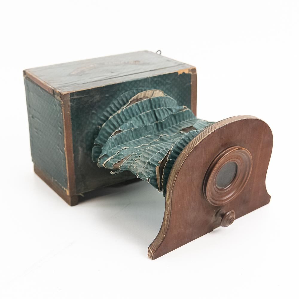 19th C. French Poliorama Panoptique Partial: This 19th-century French optical viewing device, the Poliorama Panoptique, was patented in Paris to allow viewers to experience dramatic day-to-night transformations of specialized translucent