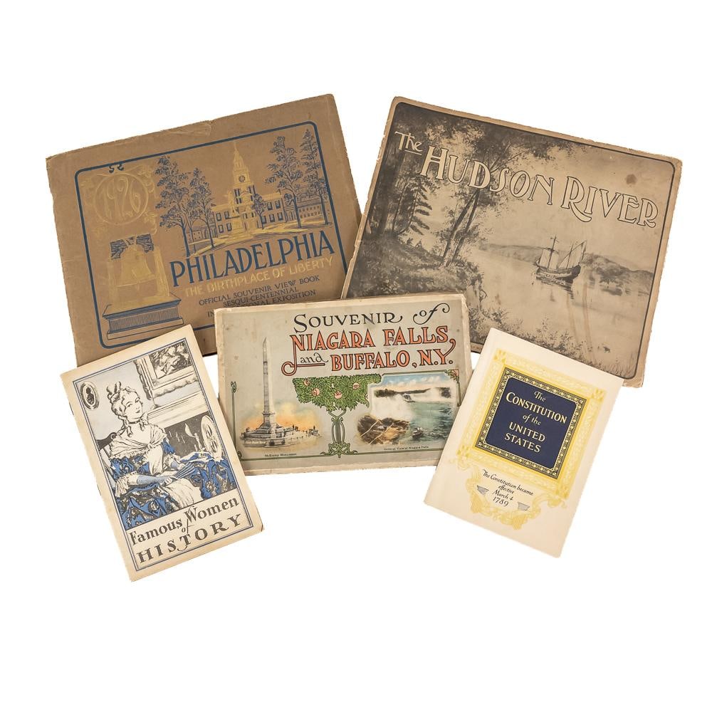 Vintage Souvenir & History Booklets (5): A five-piece lot of vintage paper ephemera and historical souvenir booklets spanning the early to mid-20th century. The collection features two larger landscape booklets measuring 10" W by 8" H,
