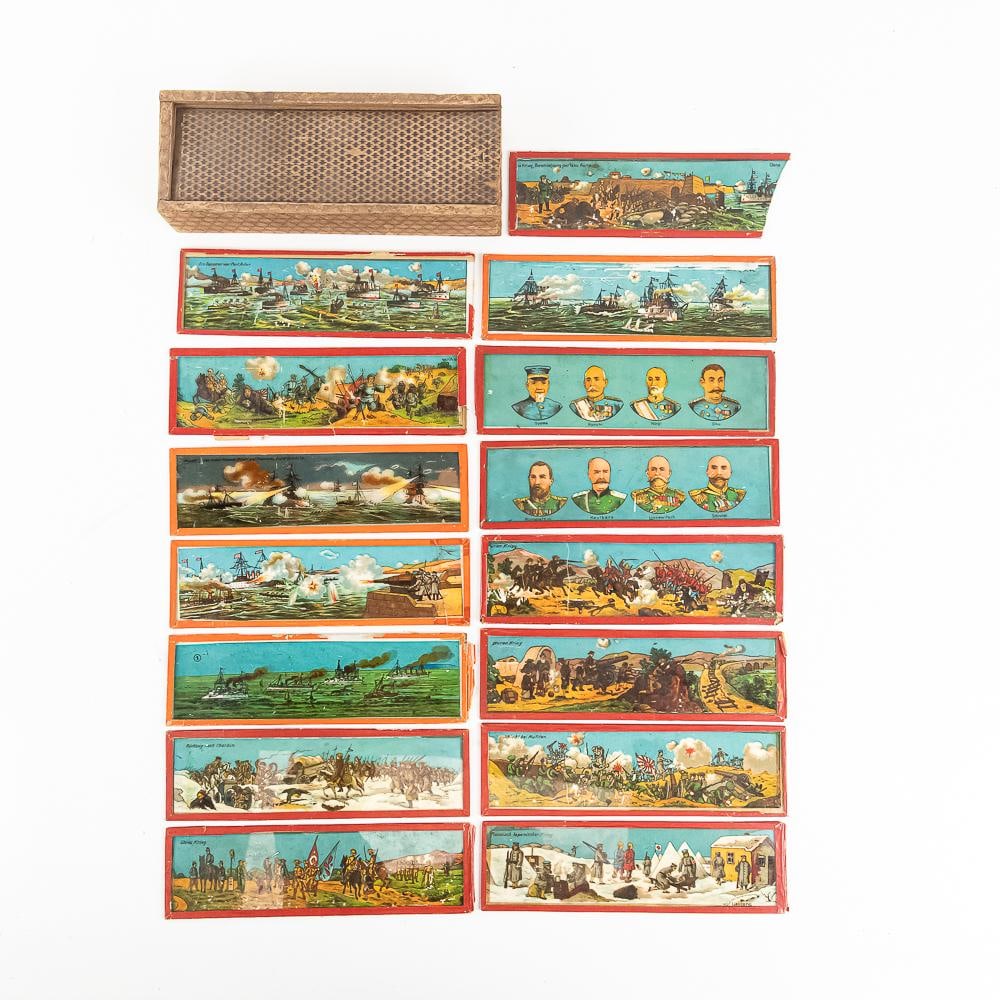 Glass Magic Lantern Slides Russo-Japanese War: This collection of 15 antique glass magic lantern slides depicts military scenes, portraits, and naval engagements, largely focused on the Russo-Japanese War (circa