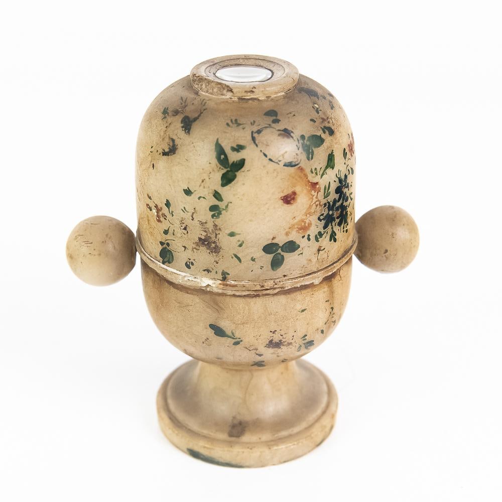 Victorian Stanhope Alabaster Rotary Peep View Urn: This rare 19th-century Victorian rotating Stanhope viewer novelty, crafted from hand-carved alabaster, features delicate hand-painted floral motifs around its urn-shaped body and side side-knob
