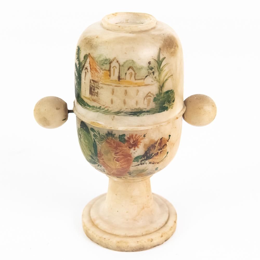 Vintage Alabaster Optical Peep Show Viewer: 79144C192850/100/1000 This charming 19th century Grand Tour souvenir is a hand carved alabaster optical Peep Show viewer styled in a classic urn form with side turning knobs. Popular during the