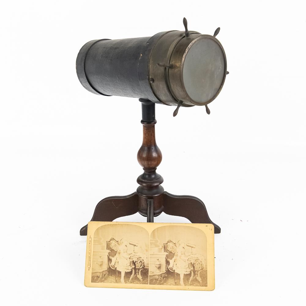 Vintage Charles G. Bush Tabletop Kaleidoscope (2): Manufactured by renowned American optical maker Charles G. Bush during the late 19th-century Victorian parlor craze, this fine tabletop kaleidoscope features a textured, leatherette-wrapped