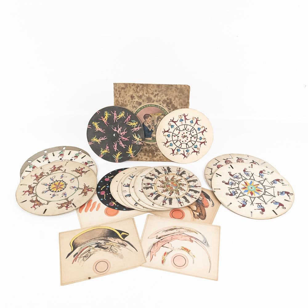 Phenakistoscope Optical Discs & Cards (20): An extraordinary collection of 19th-century Victorian optical illusion and phenakistoscope animation items, including early motion-picture discs produced by Fores's Optical Illusions of 41
