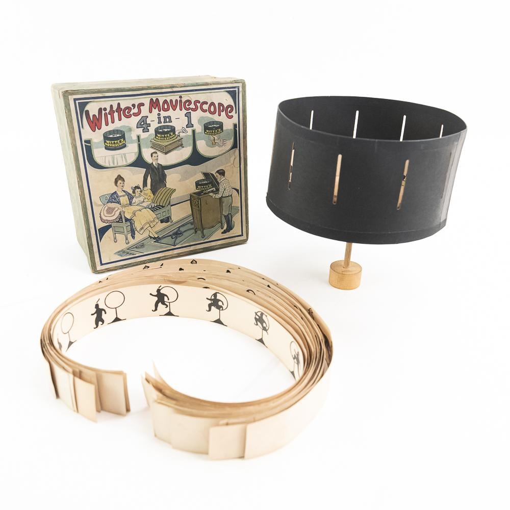 Witte's Moviescope 4-in-1 Toy Set: This rare early 20th-century "Witte's Moviescope 4-in-1" optical toy, manufactured by G. W. Witte of Philadelphia, Pennsylvania, represents a fascinating crossover between early cinema and phonograph