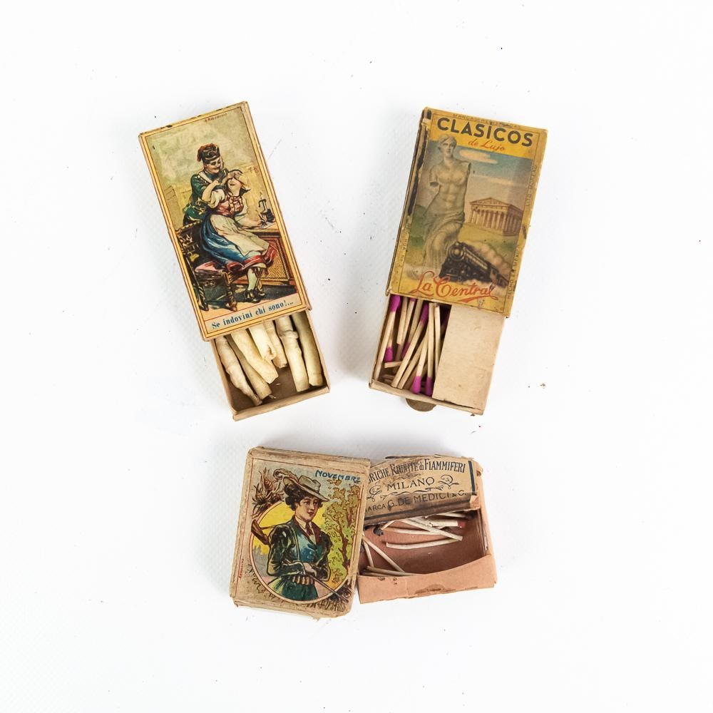 Vintage Match & Taper Box Lot: Step back in time with this charming collection of three vintage match and specialty wax taper boxes, featuring wonderful early lithographed graphics including classical artwork, scenic landscapes,