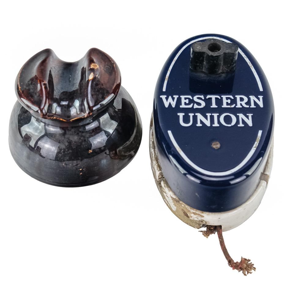 Western Union Call Box & Porcelain Insulator: A classic pair of early communications relics, including a vintage Western Union Telegraph Co. porcelain-face call box with turn-key switch alongside a heavy brown porcelain high-voltage pin
