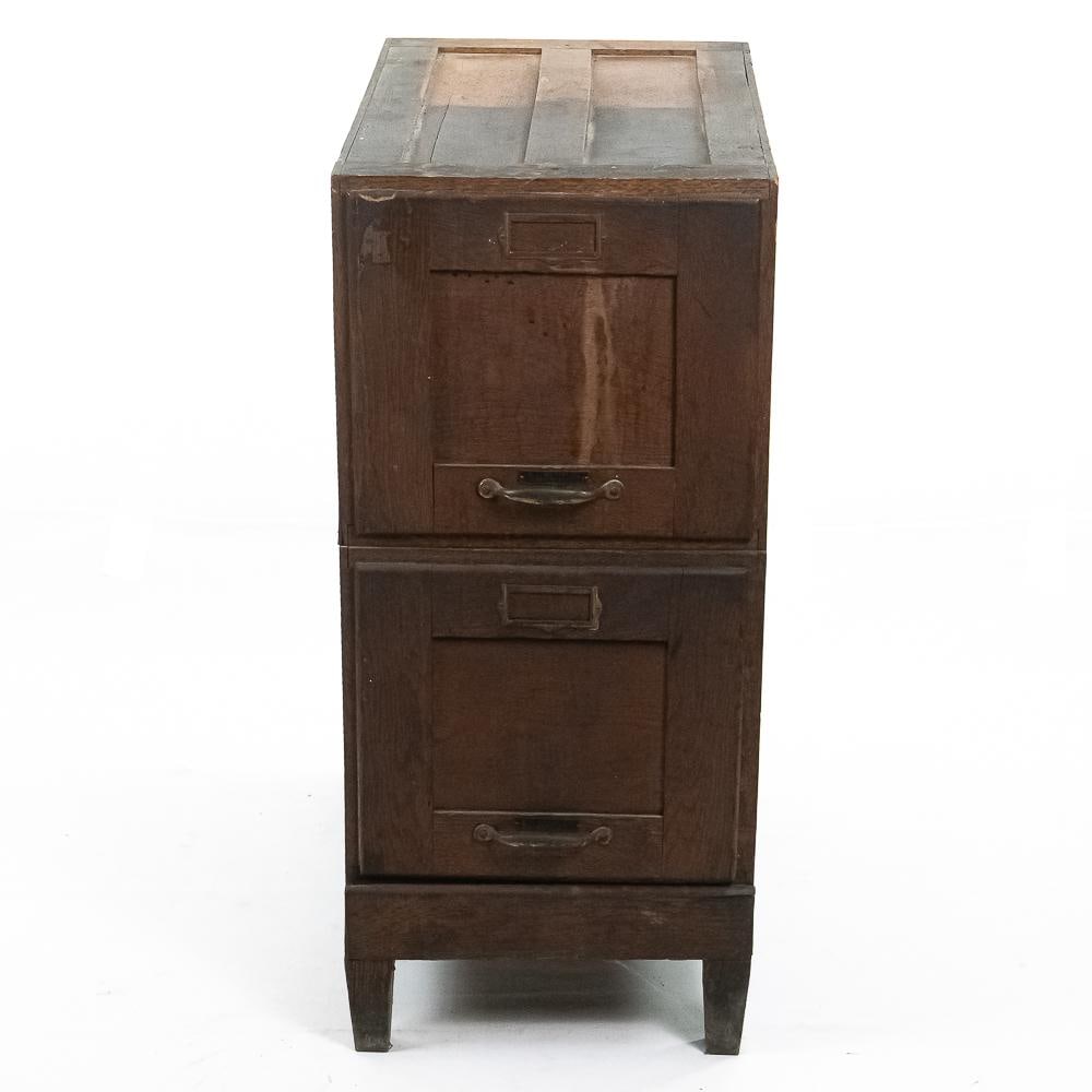 Oak P.A. Wetzel Stacking File Cabinet Base w/2 Sec: Crafted during the early 20th century, this modular oak filing cabinet set was produced by the P. A. Wetzel Co. of Chicago, U.S.A., a renowned manufacturer of quality period office furniture.