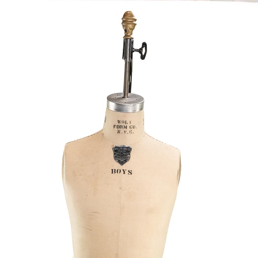 Vintage Wolf Form Co. Boys Dress Form: This is an exceptional find: an authentic full-body vintage "Boys" dress form manufactured by the legendary Wolf Form Co. of New York City. Featuring a canvas-covered body with structural stenciling a