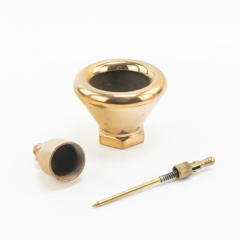 Lot of (3) Brass Grease Cup Oiler Parts: Collection includes a spring loaded flip cap, brass grease cup and brass attachment. Cap is 4.5" tall, brass cup missing lid is just over 2" tall and 1 1/2" wide and attachment is 3" tall and 3 1/4"