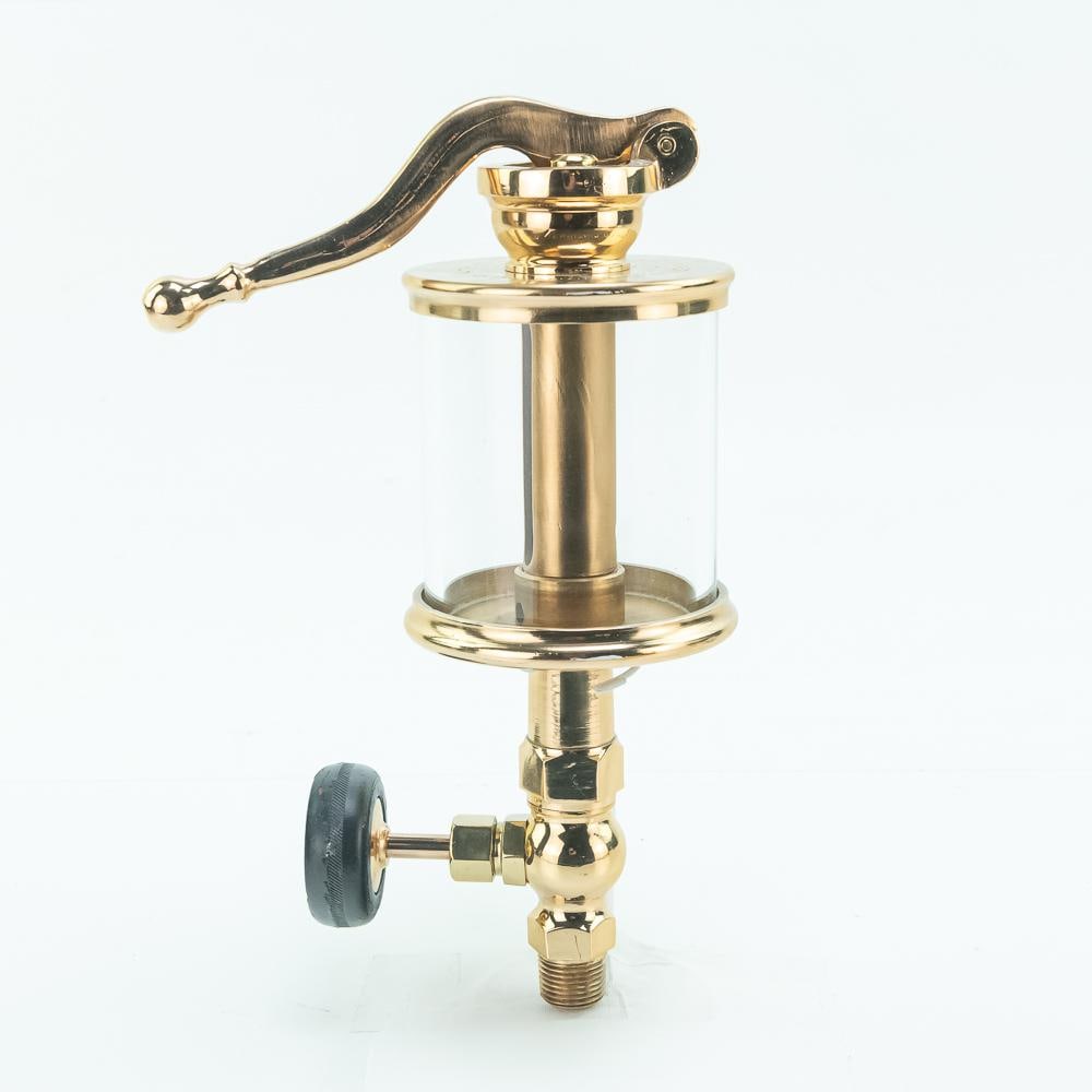 Lunkenheimer Alpha No. 6 Brass & Glass Body Oiler: Lunkenheimer Alpha No. 6 pump oiler with an amazing aged brass and glass body. It is approximately 11" inches tall and the glass cylinder is about 4" inches wide, in very good condition. The shutoff