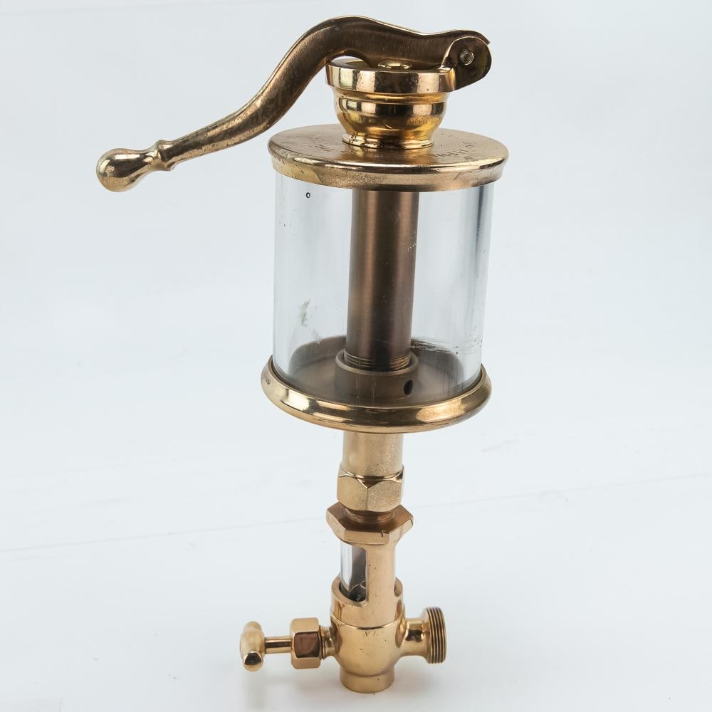 Lunkenheimer Alpha No. 6 Brass & Glass Body Oiler: Lunkenheimer Alpha No. 6 pump oiler with an amazing aged brass and glass body. It is approximately 12" inches tall and the glass cylinder is about 4" inches wide, in very good condition. The shutoff
