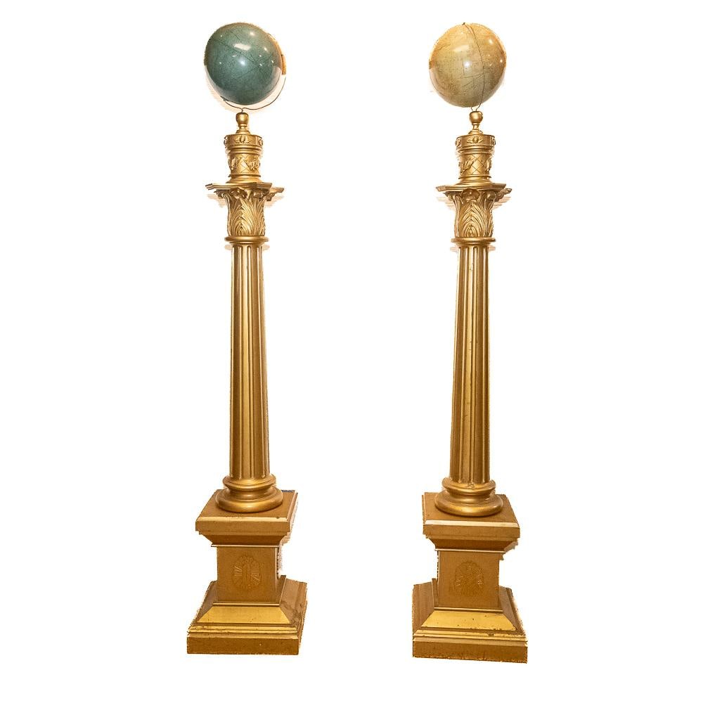Masonic Columns with Celestial Globes: This magnificent pair of Masonic Warden columns showcases exceptional craftsmanship, beautifully embodying the rich architectural symbolism of the fraternal order. Styled in the ornate Corinthian