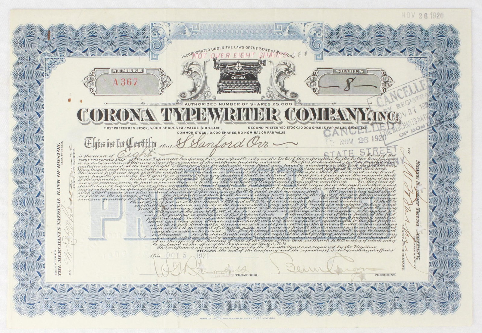1920 Corona Typewriter Co. Stock Certificate: Certificate No. A367 for 8 shares of First Preferred stock in the Corona Typewriter Company, Inc. issued on Oct 5 1920 to S. Sanford Orr. Certificate has been cancelled and is in VG condition.