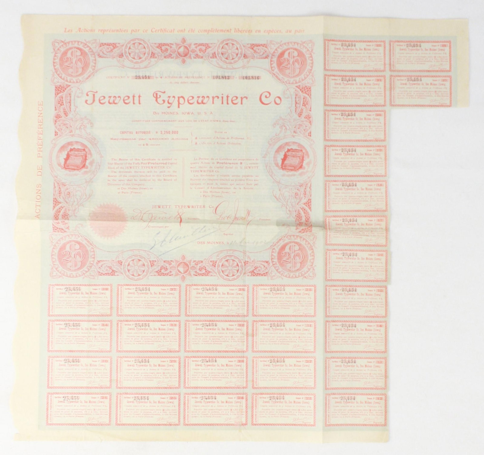 1903 Jewett Typewriter Co. Bond Certificate: $20 Bearer Bond certificate for the Jewett Typewriter Co. of Des Moines Iowa issued 31 March 1903. The Jewett Typewriter Company founded in 1890, sold one of the first commercially successful