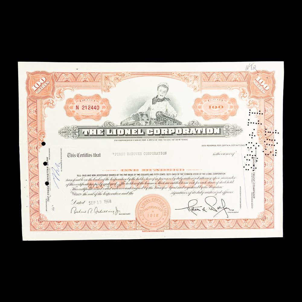 1968 Lionel Corporation Stock Certificate: 1968 Lionel Corporation 100-share stock certificate printed in orange and black intaglio, issued in New York to First Hanover Corporation on September 19, 1968. Features a vignette of a young boy