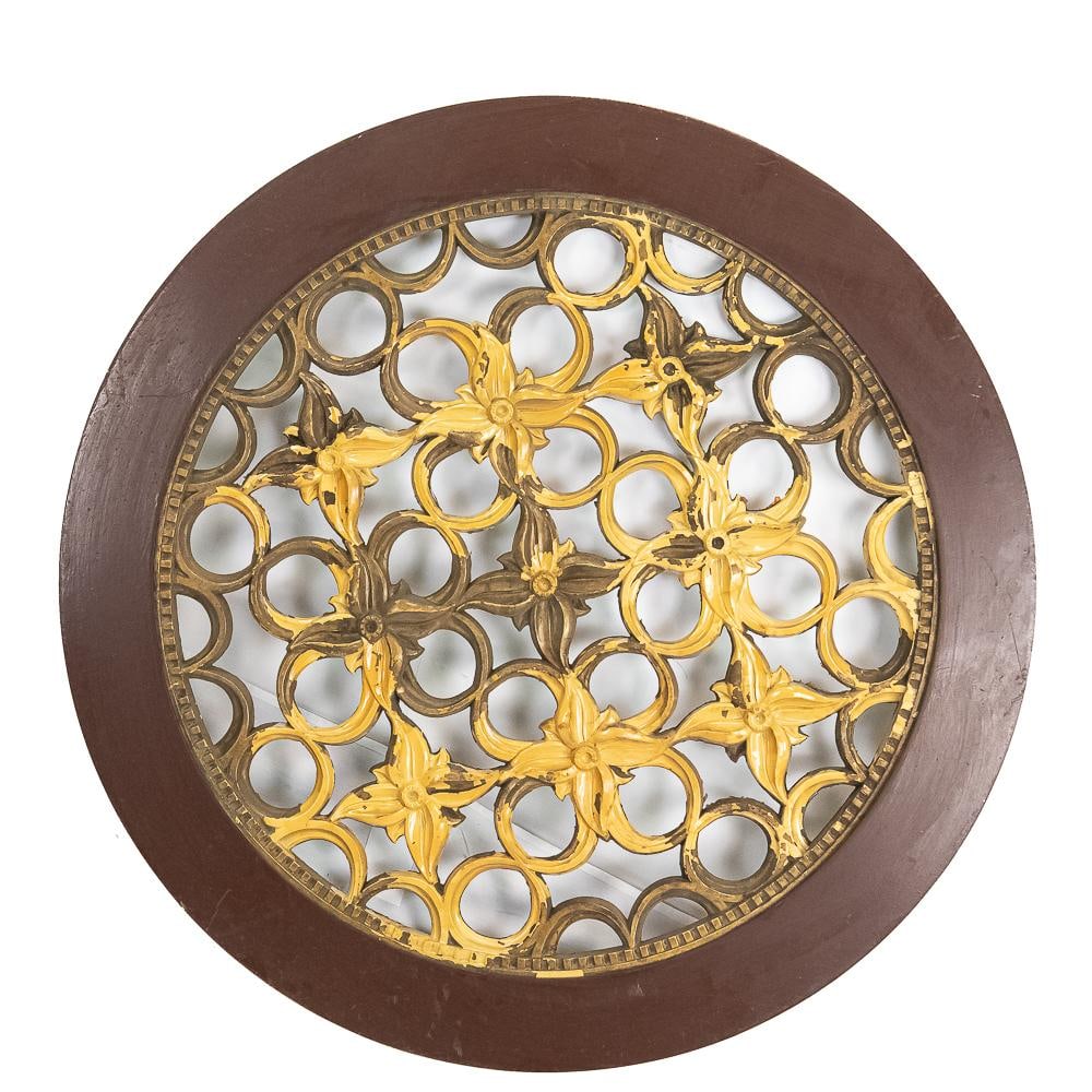 Architectural Carved Round Vent Grate From Theater: This impressive turn-of-the-century architectural architectural medallion features an intricate, pierced fretwork center with interconnected floral and geometric motifs set within a substantial round