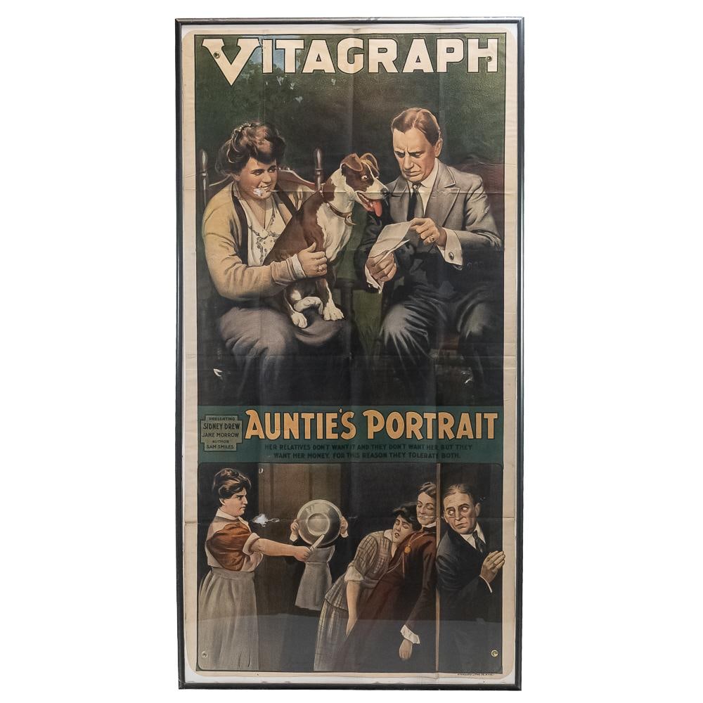 Vitagraph 1915 Three-Sheet Movie Poster: An outstanding piece of early silent film heritage, this original 1915 three-sheet stone-lithograph poster advertises the Vitagraph Company of America comedy Auntie's Portrait, starring Sidney Drew an