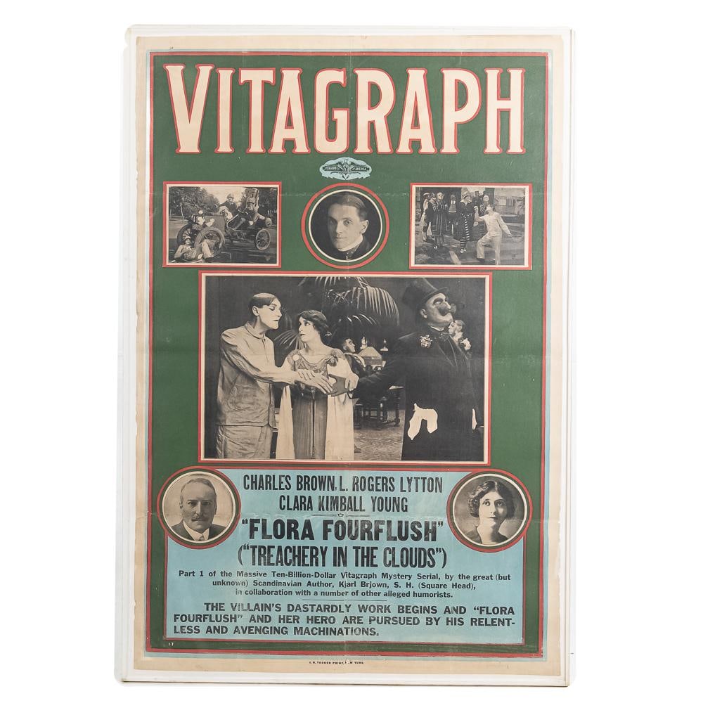 1915 Vitagraph Flora Fourflush One Sheet Poster: An exceptional, original 1915 silent film movie poster published by the Vitagraph Company of America for the parody serial "Flora Fourflush" ("Treachery in the Clouds"), starring Charles Brown, L. Rog