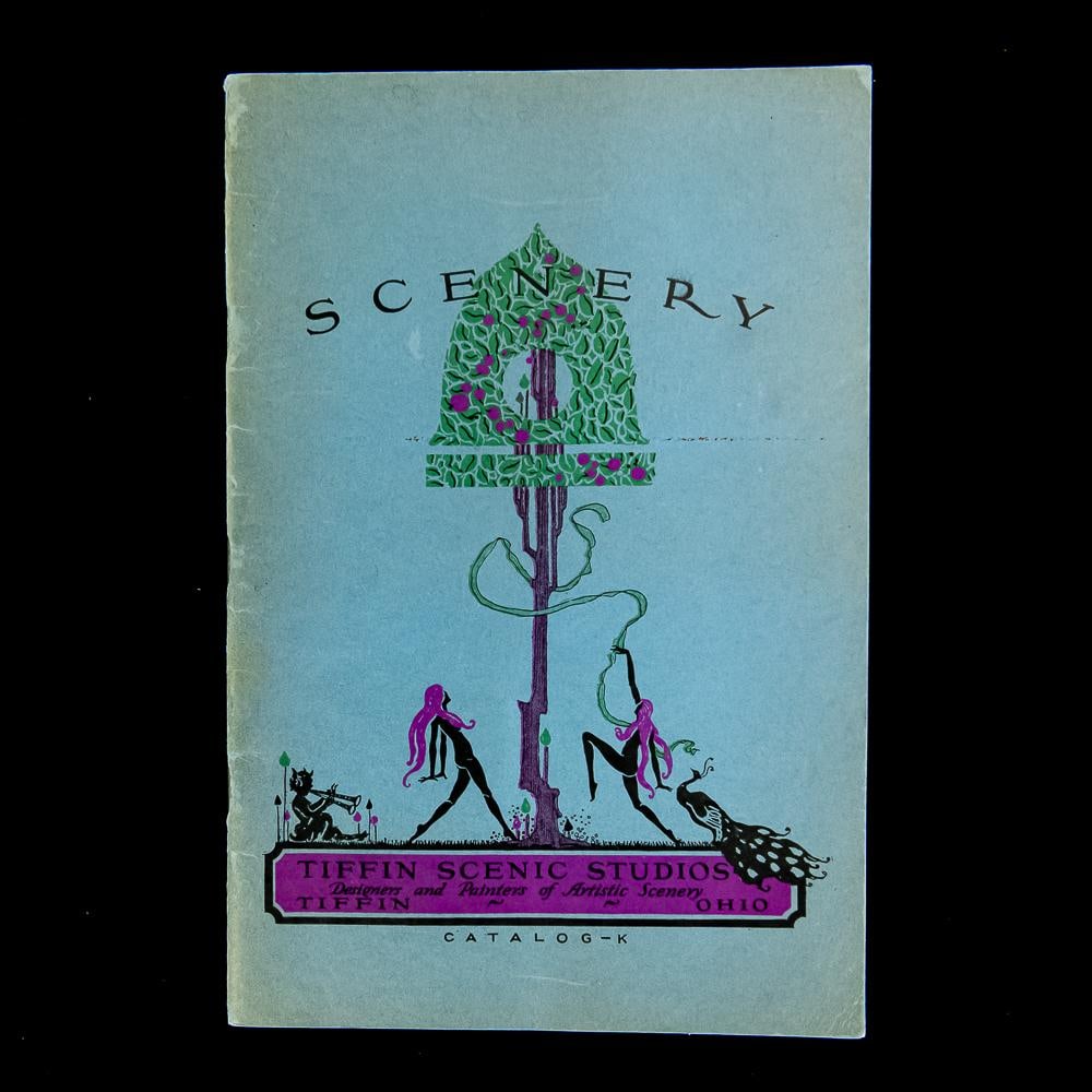 Tiffin Scenic Studios Catalog K: Vintage trade catalog titled Scenery and Draperies (Catalog K), published circa 1920s by Tiffin Scenic Studios of Tiffin, Ohio, featuring striking Art Nouveau cover graphics, stage set designs, theatr