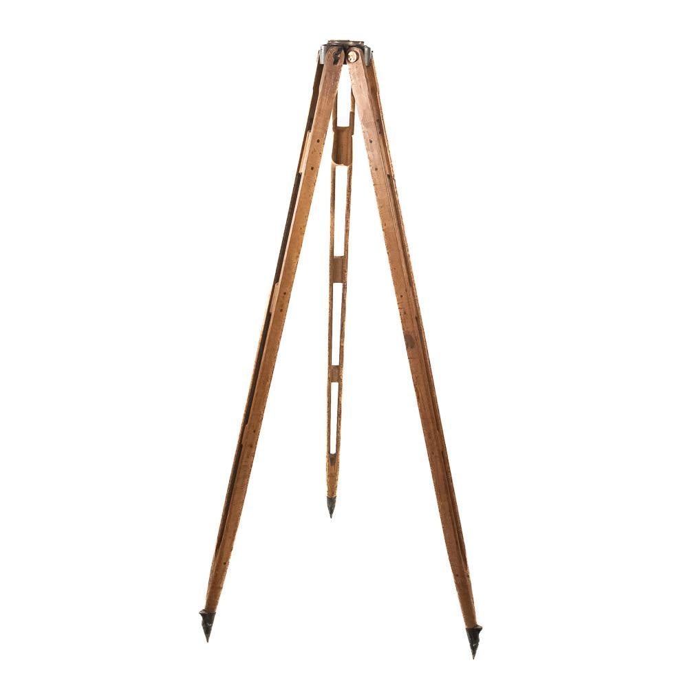 Wooden Surveying Tripod: Crafted for rugged field service, this early to mid-20th century split-leg hardwood surveying tripod features heavy-duty oak legs with steel ground shoes and a threaded brass mounting collar measuring