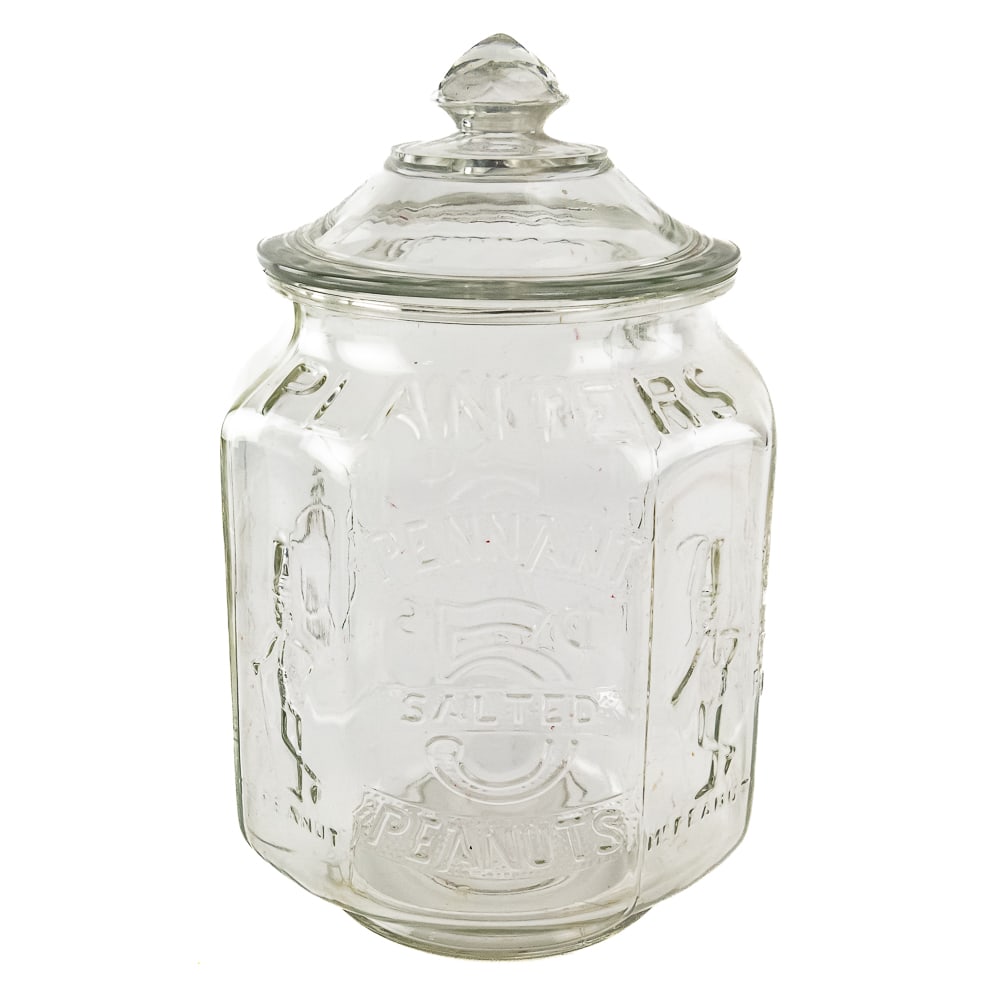 Vintage Planters Pennant 5 Cent Display Jar: From the Trenga Estate Collection - Vintage Planters Pennant 5 Cent Display Jar, originally manufactured around the 1930s to 40s, clear 8-sided pressed glass body features an embossed design detailing