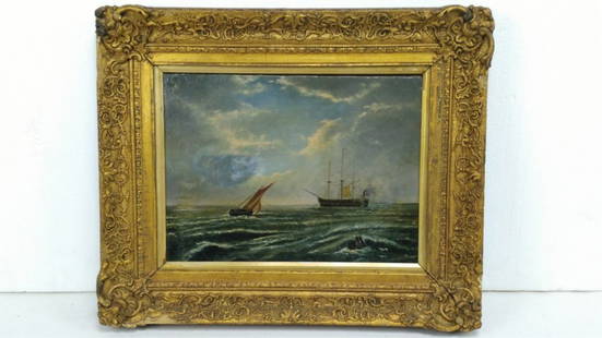 Unknown Artist 19th Century English Oil on Canvas: Seascape. 11 x 15 framed 18 x 22. Unsigned. Condition 2" tear restoration right center, Darkened surface, paint cracks. Frame has been re-painted