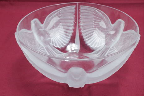 Lalique Style Frosted Glass Bowl with Dove Motifs: Measuring 10 inches in diameter by 4 inches high. No visible mark. Condition ; some minor scratching to the bottom.