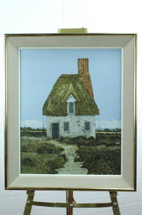 John Ridgewell Framed Oil Painting On Paper: Titled "The Cottage #2" . Measures 22 H x 18 W with the frame 26 1/2 x 22 1/2 inches. Signed and dated 1967 lower right. Comes from the The Art Centre Gallery of London, England and has their label on