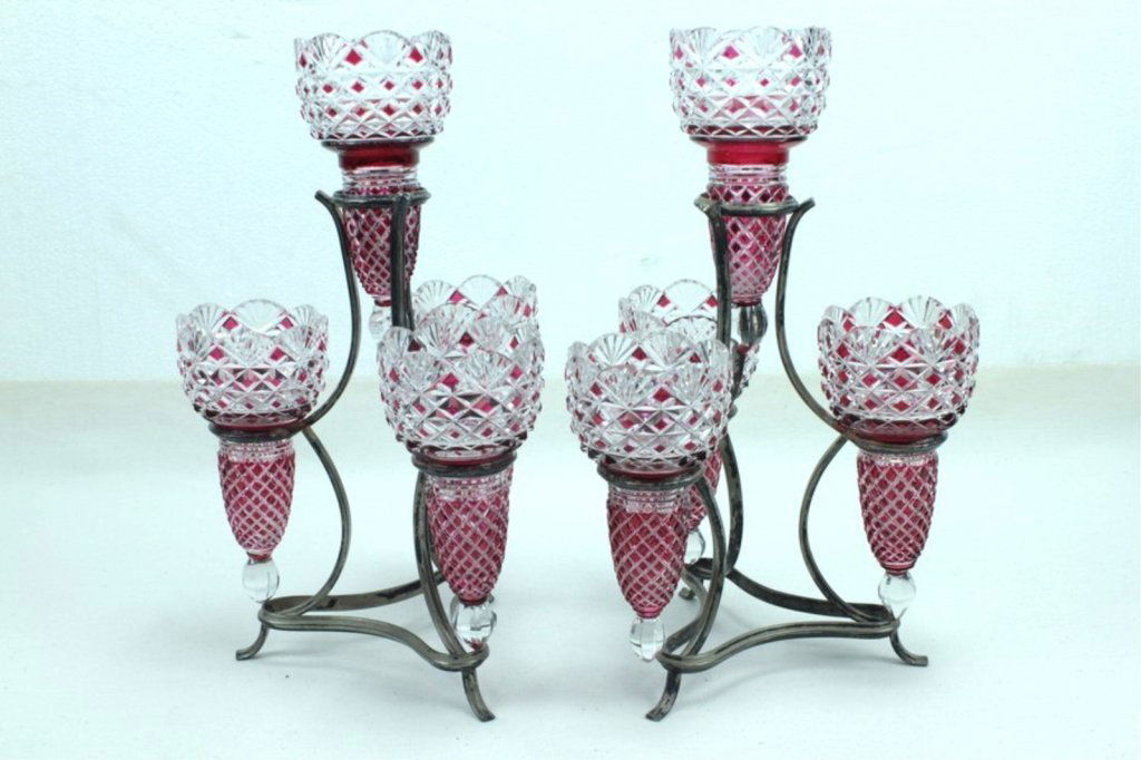 Two Cut Clear With Cranberry Flash Candle Stands (1 of 5)