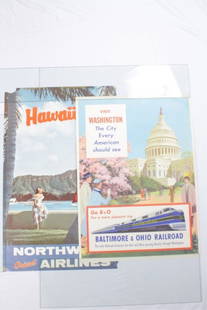 Two Vintage Travel Posters: Northwest Airlines and Baltimore and Ohio Railroad. Northwest Airlines measures 40 x 25 inches. Railroad Poster 40 x 26 inches. Condition Losses to paper upper left of Northwest Airlines Poster, pin