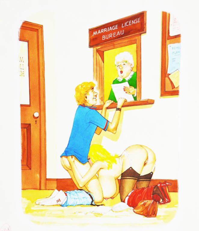 Fling Circa 1990s four color water color cartoon: Fling Magazine Erotica Circa 1990s four color water color cartoon illustration no signature. 10 x12 inches no caption.