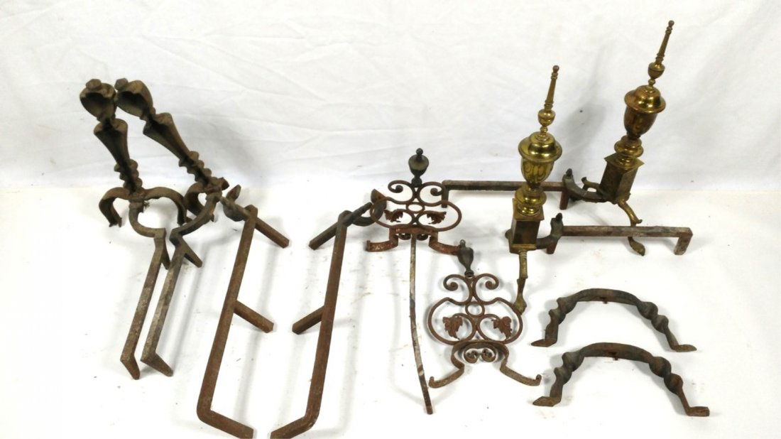 Lot of Antique Cast Iron Fireplace And Irons: 4 Different sets included. One set has brass tops, the other are all cast iron