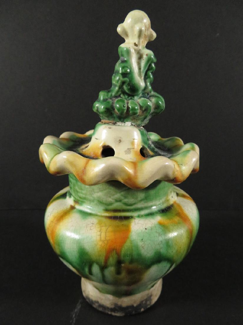 Chinese Sancai Glazed Pottery Incense Burner: TYPE:Antiques SUB TYPE:Censor REGION:Asia SUB REGION:China MEDIUM:Pottery SGD/UNS:Unsigned TITLE:Chinese Sancai Glazed Pottery Incense Burner CATALOG NOTES:A nice Chinese lidded incense burner with gr