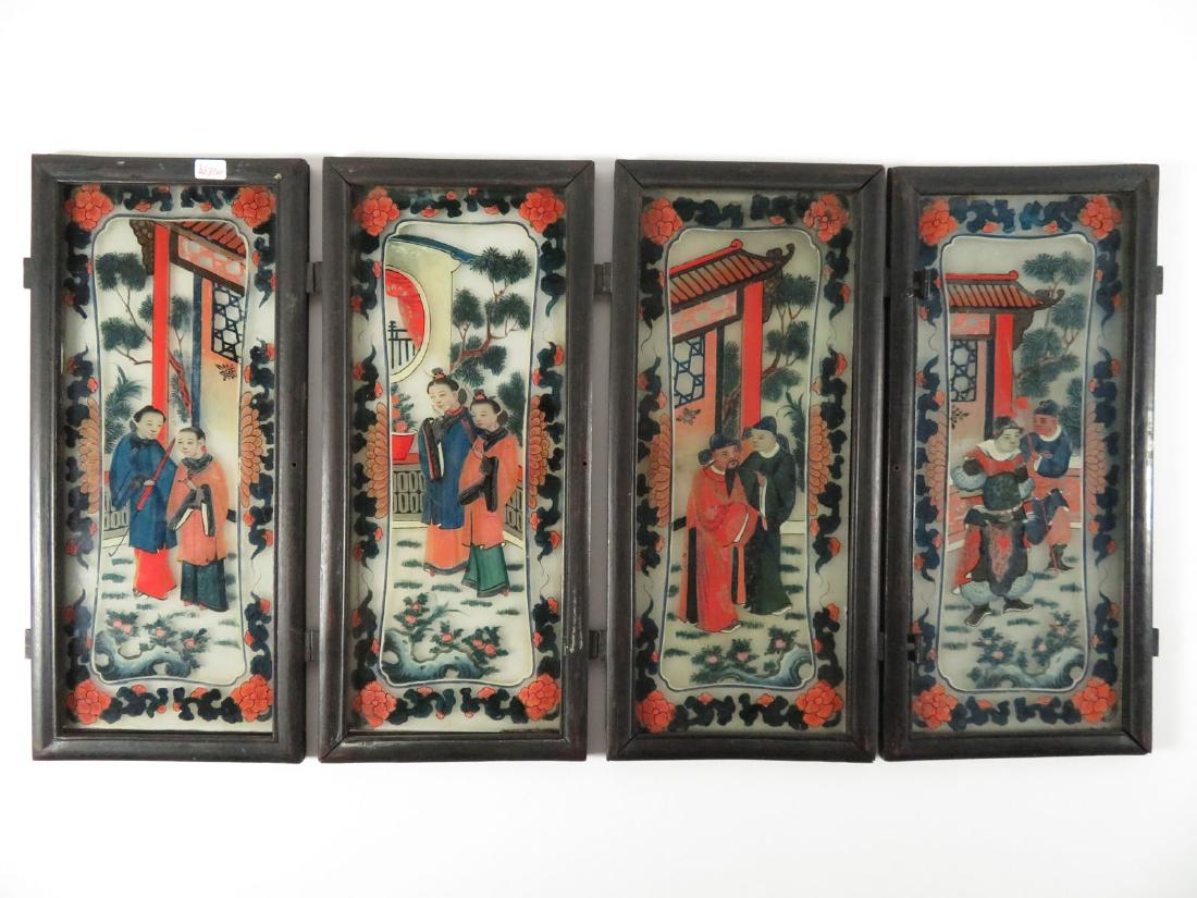 Chinese Reverse Painting Glass 4 Panel Screen: TYPE:Antiques SUB TYPE:Screen REGION:Asia SUB REGION:China MEDIUM:Glass SGD/UNS: TITLE:Chinese Reverse Painting Glass 4 Panel Screen CATALOG NOTES:A finely painted Chinese reverse glass 4-panel table 