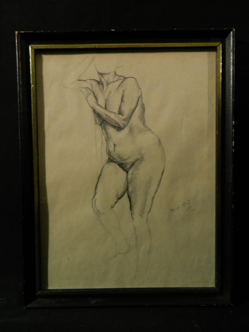 Unknown Artist Nude Study: TYPE:Art SUB TYPE:Drawing REGION:Europe SUB REGION: MEDIUM:Pencil SGD/UNS:Signed TITLE:Unknown Artist Nude Study CATALOG NOTES:Unknown Artist Nude Study INSIDE HEIGHT:11 3/4 INSIDE WIDTH:11 3/4 OUTSID