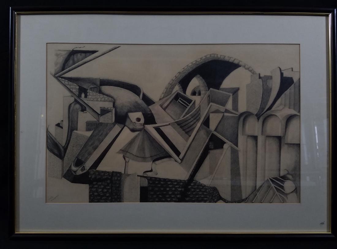 Paula Blumenfeld Modernist Cubist City: TYPE:Art SUB TYPE:Drawing REGION:United States SUB REGION:New York MEDIUM:Pencil SGD/UNS:Signed LL TITLE:Paula Blumenfeld Modernist Cubist City CATALOG NOTES:Label on reverse "Paula Blumenfeld Citysca