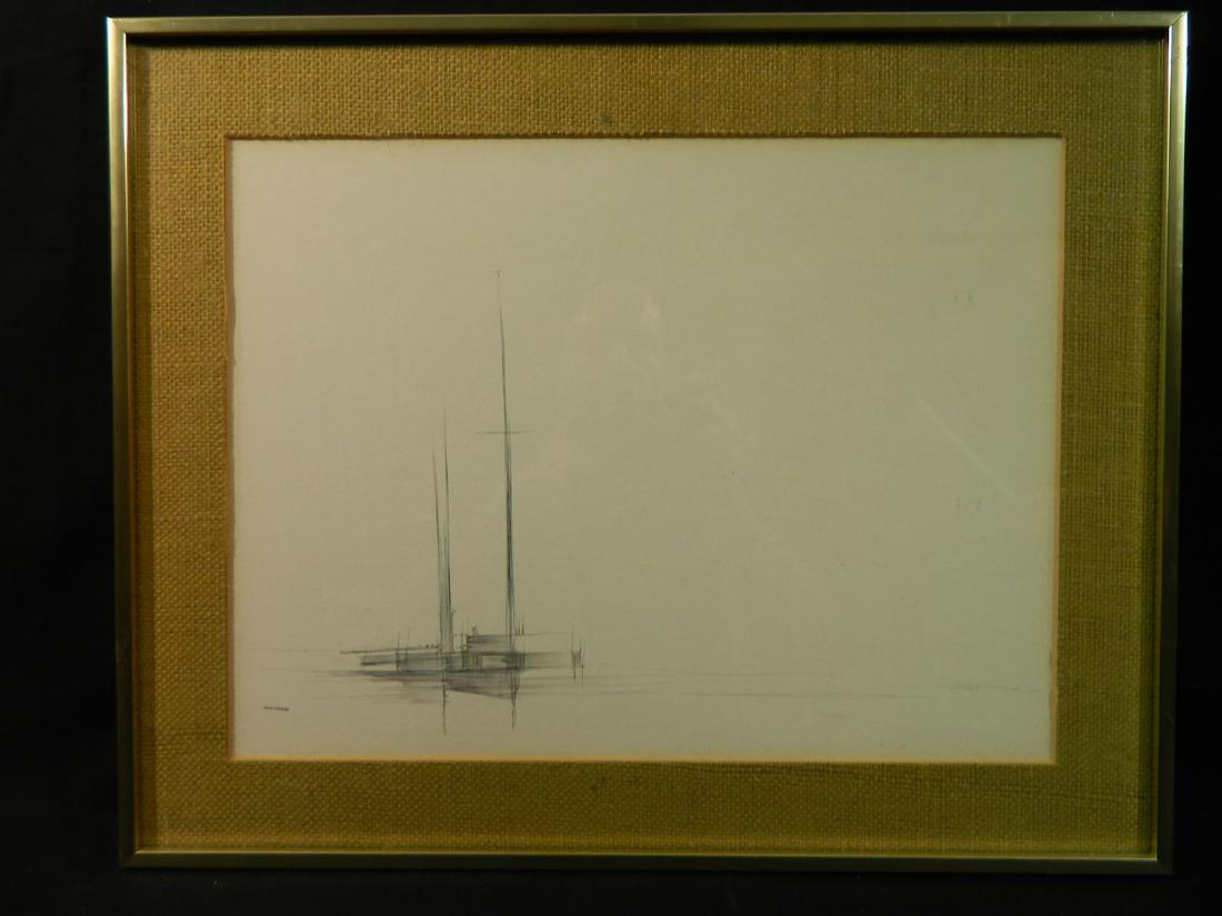 John McDaniel Feininger Style Abstract Boat: TYPE:Art SUB TYPE:Drawing REGION:United States SUB REGION: MEDIUM:Ink SGD/UNS:Signed TITLE:John McDaniel Feininger Style Abstract Boat CATALOG NOTES:Fine minimalist line drawing of a sailboat by John 