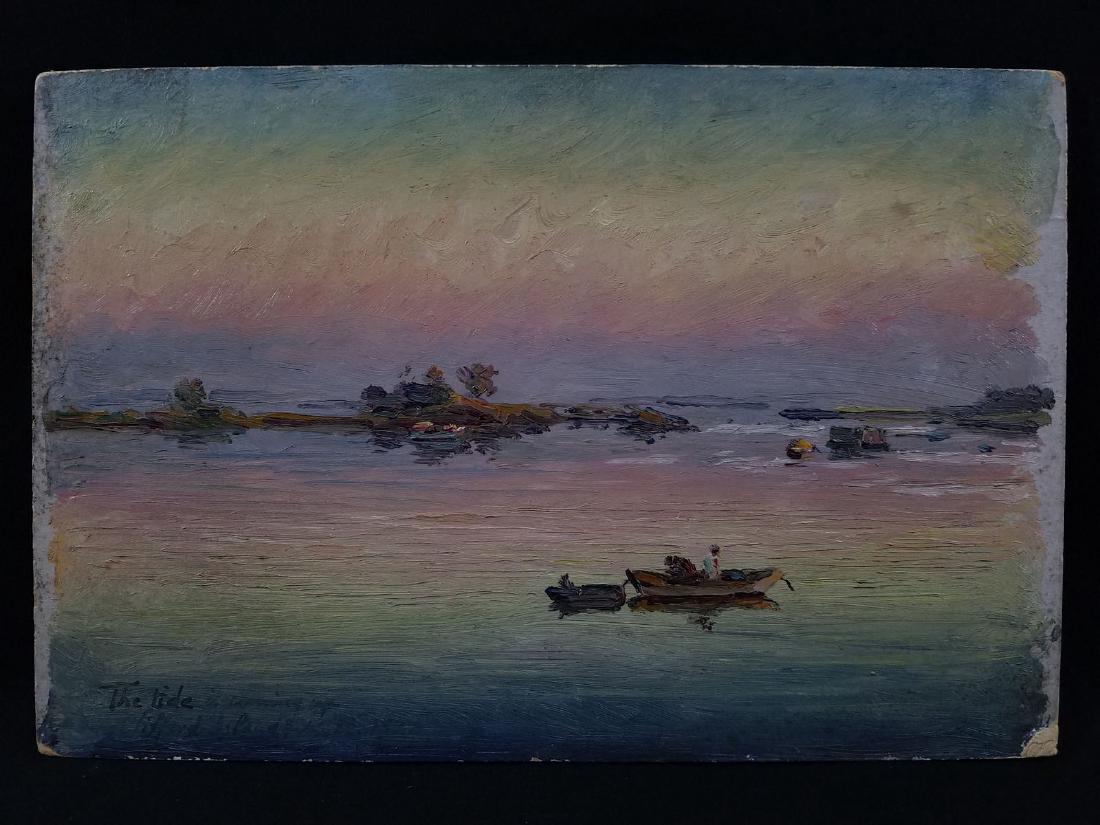 "The Tide is Coming Up Clifford Island" Illegible: TYPE:Art SUB TYPE:Painting REGION:United States SUB REGION:Maine MEDIUM:Oil on Board SGD/UNS:Illegible LL TITLE:"The Tide is Coming Up Clifford Island" Illegible CATALOG NOTES:Partial painting of scen