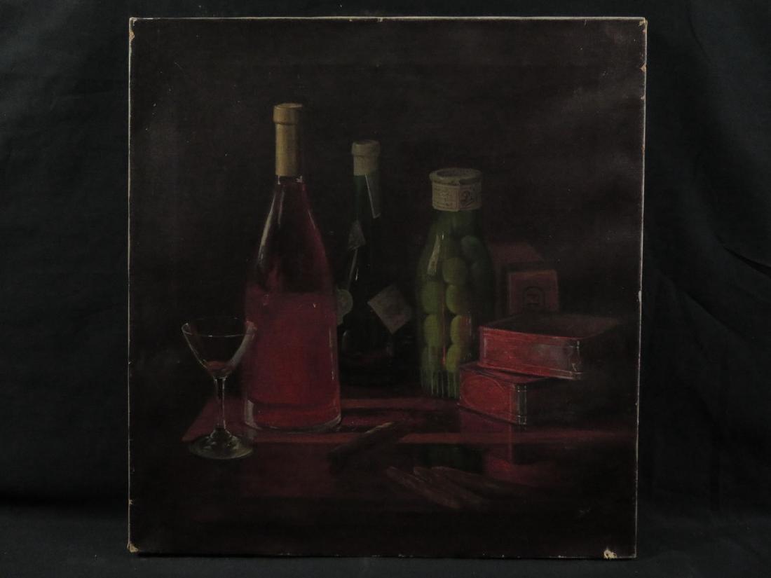 JJ LaValley Still Life Cigars Wine Olive Jar: TYPE:Art SUB TYPE:Painting REGION:United States SUB REGION:Massachusetts MEDIUM:Oil on Canvas SGD/UNS:Signed LR TITLE:JJ LaValley Still Life Cigars Wine Olive Jar CATALOG NOTES:Fine quality still life