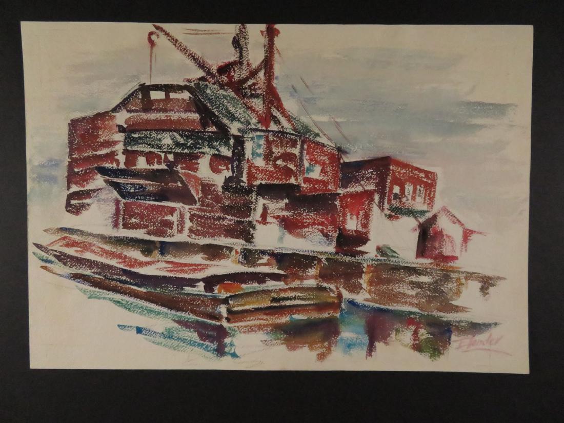 Raphael Ellender Ships at Dock WPA Era LISTED: TYPE:Art SUB TYPE:Painting REGION:United States SUB REGION:New York MEDIUM:Watercolor SGD/UNS:Signed TITLE:Raphael Ellender Ships at Dock WPA Era LISTED CATALOG NOTES:Original WPA era watercolor by NY