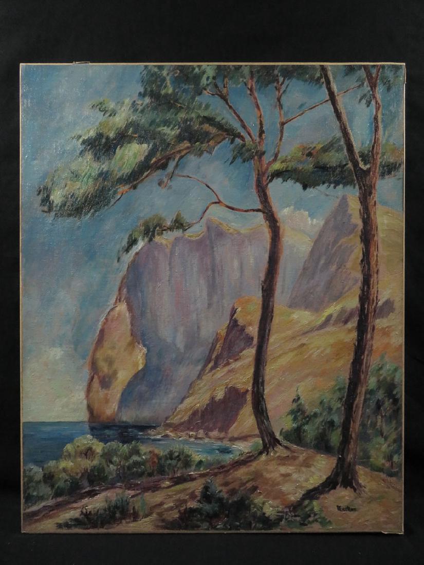 Max Kuehne Lg WPA era O/C Coastal Cliffs: TYPE:Art SUB TYPE:Painting REGION:United States SUB REGION:Pennsylvania MEDIUM:Oil on Canvas SGD/UNS:Signed LR TITLE:Max Kuehne Lg WPA era O/C Coastal Cliffs CATALOG NOTES:Excellent large oil by inter