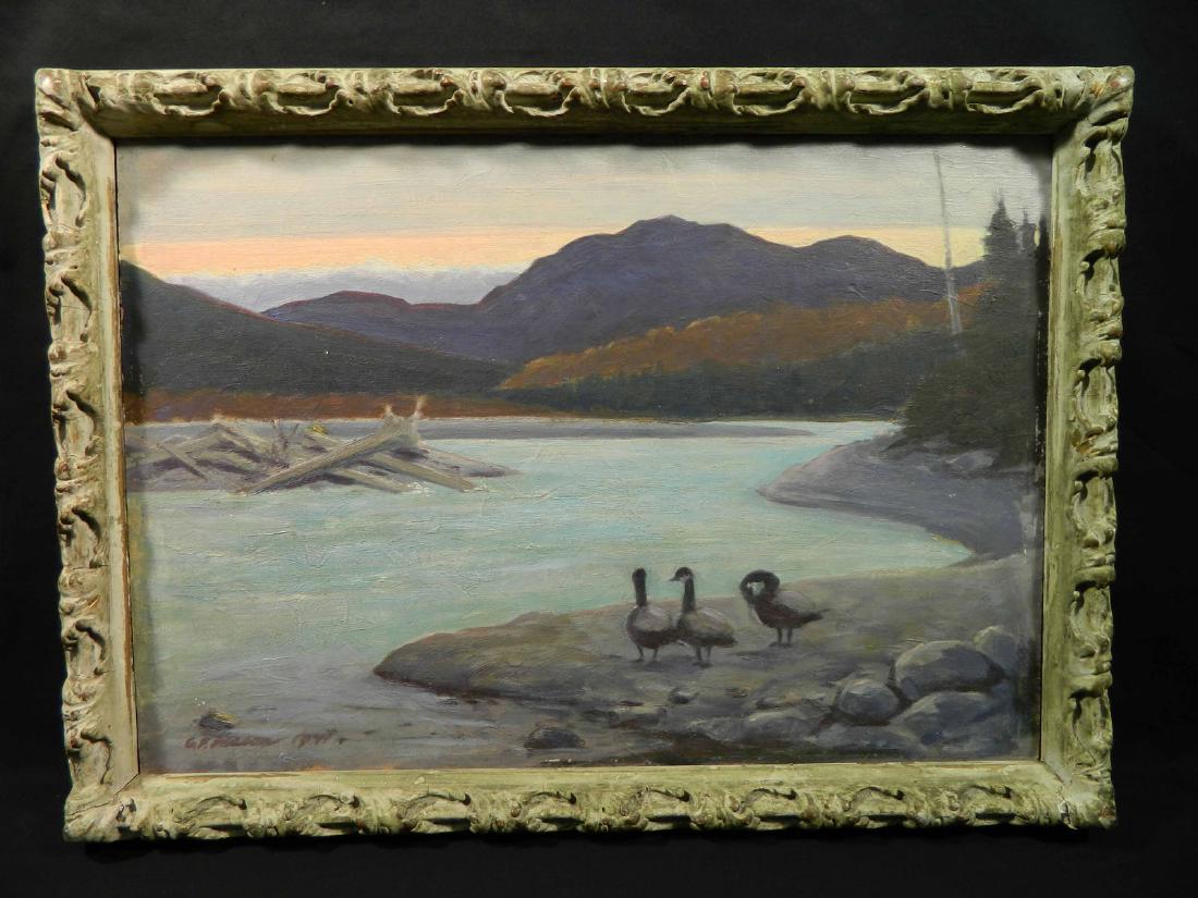 WPA era Shoreline Landscape with Geese: TYPE:Art SUB TYPE:Painting REGION:United States SUB REGION: MEDIUM:O/B SGD/UNS:Sgd TITLE:WPA era Shoreline Landscape with Geese CATALOG NOTES:Fine WPA depiction of geese at the waters edge of a lake w