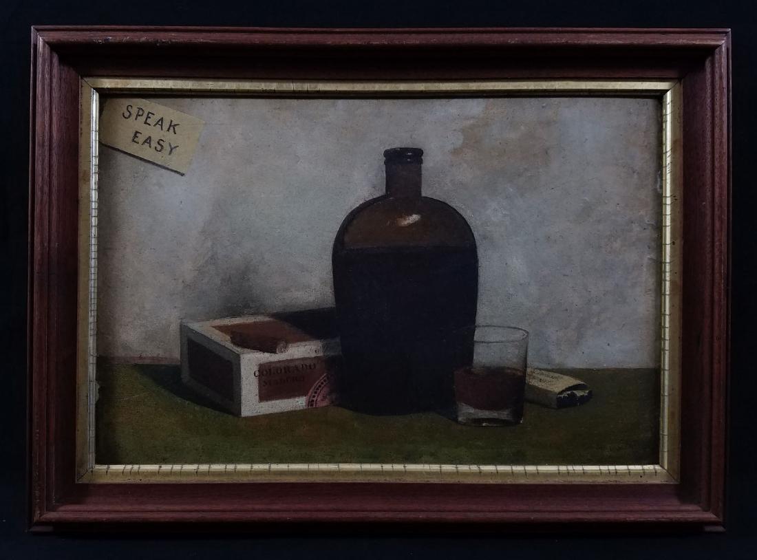 Unknown Monogram Trompe L'Oeil Cigars & Liquor: TYPE:Art SUB TYPE:Painting REGION:United States SUB REGION: MEDIUM:Oil on Board SGD/UNS:Monogram LR TITLE:Unknown Monogram Trompe L'Oeil Cigars & Liquor CATALOG NOTES:"Speakeasy" Colorado Maduro and a