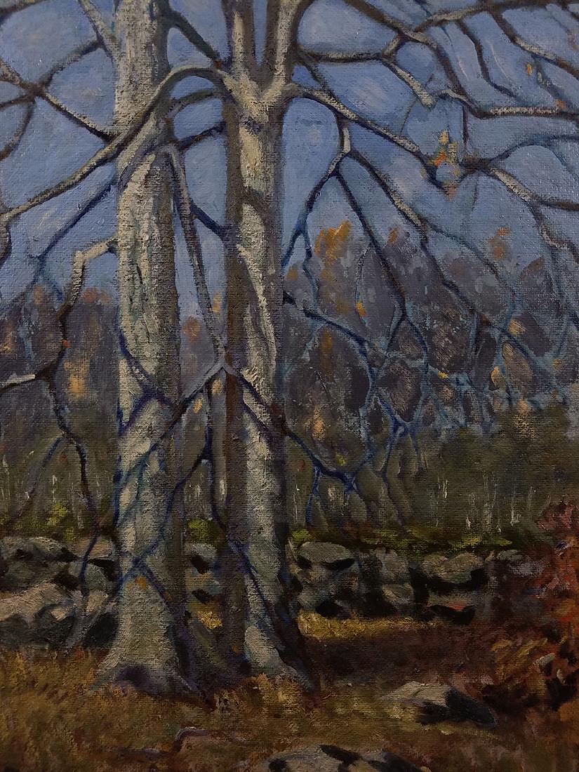 WPA era Impressionist Landscape with Tall Birches: TYPE:Art SUB TYPE:Painting REGION:United States SUB REGION: MEDIUM:Oil on Board SGD/UNS:Signed LL TITLE:WPA era Impressionist Landscape with Tall Birches CATALOG NOTES:Nicely painted depiction of tall