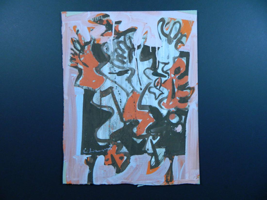 Ileg Signed Cubist Abstract Shapes Pink and Red: TYPE:Art SUB TYPE:Painting REGION: SUB REGION: MEDIUM:Gouache SGD/UNS:Signed LL TITLE:Ileg Signed Cubist Abstract Shapes Pink and Red CATALOG NOTES:Fine quality mid century abstract. Fully signed with