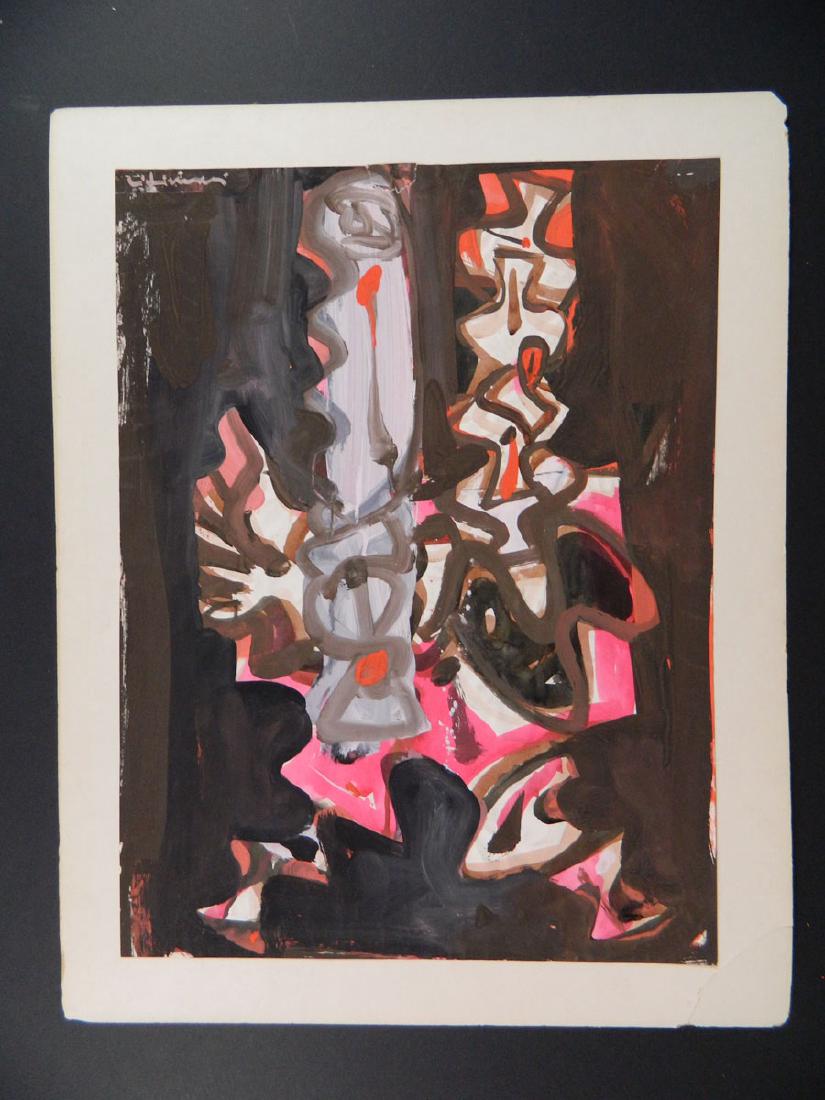 Cubist Abstract Illegibly Signed Mid Century: TYPE:Art SUB TYPE:Painting REGION: SUB REGION: MEDIUM:Gouache SGD/UNS:Signed UL TITLE:Cubist Abstract Illegibly Signed Mid Century CATALOG NOTES:Fine quality mid century abstract. Fully signed with il