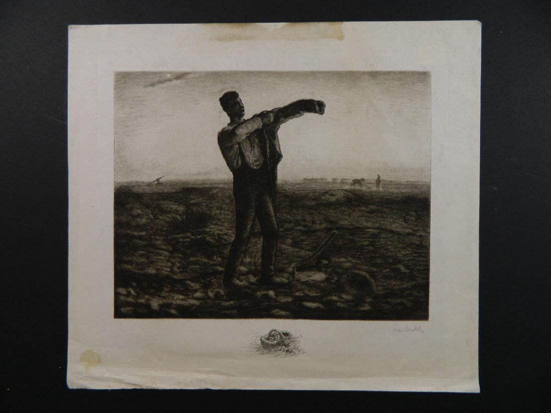 Jean-Francois Millet: TYPE:Art SUB TYPE:Print REGION:Europe SUB REGION:France MEDIUM:Etching SGD/UNS:Signed in Plate TITLE:Jean-Francois Millet CATALOG NOTES:Signed in pencil at LL by the etcher Leon Coutil. Also decorated