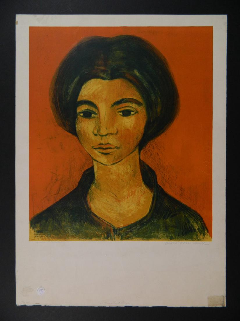 Andre Minaux Young Woman Red Background: TYPE:Art SUB TYPE:Print REGION:Europe SUB REGION:France MEDIUM:Lithograph SGD/UNS:Signed LR TITLE:Andre Minaux Young Woman Red Background CATALOG NOTES:Original title on bottom edge "La Brune Fond Rou